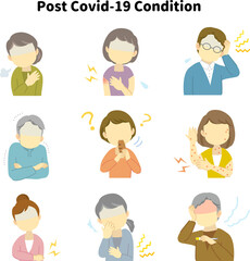 イラスト：新型コロナウイルスワクチン接種後の後遺症　Post Covid-19 Condition（透過背景）
