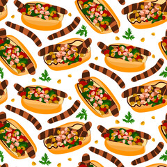 A pattern of Choripan sandwiches with chorizo. Latin American cuisine. An Argentine snack. Sandwiches with ingredients for cooking. Kitchen illustration. Suitable for printing on packaging
