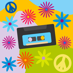 Icon, sticker in hippie style with cassette tape, flowers, symbols of peace on a bright abstract background