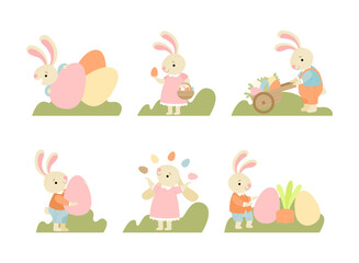 Cute Easter Bunny with Eggs in the Garden Vector Set