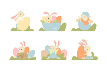 Cute Easter Bunny with Eggs in the Garden Vector Set
