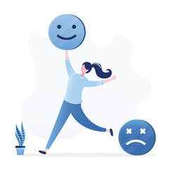 Positive thinking. Emotional balance, psychological concept. Mental balance, Happy woman in jump with smiling emoji. Controlling emotions and feelings for work. Motivational banner.