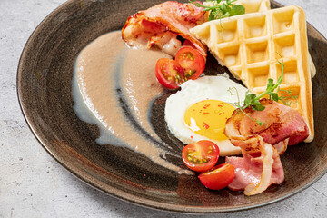 tasty breakfast with belgian waffles