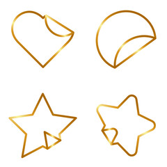 Set of four shapes, star corners, round star corners, circle and heart, gold color frames, curled corners, stickers only frames no background, label, sticker, metallic gold