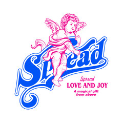 this artwork features a playful illustration of Cupid and a slogan that reads 