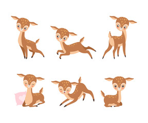 Cute Baby Deer with Spots as Adorable Hoofed Mammal Living in Forest Vector Set