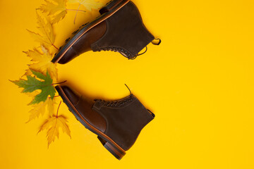 Flatlay Of Premium Dark Brown Grain Brogue Derby Boots Made of Calf Leather with Rubber Sole Placed...