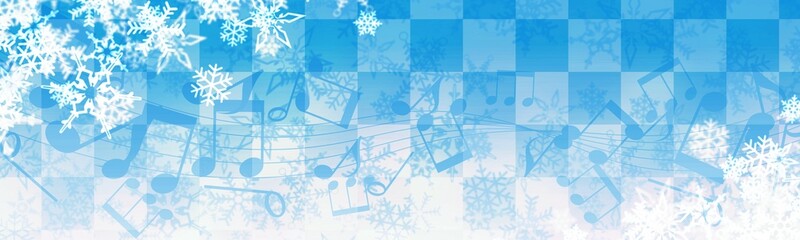 雪の結晶と音符の冬やクリスマス用の青いバナー、ヘッダー背景イラスト