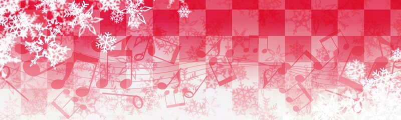 雪の結晶と音符の冬やクリスマス用の赤いバナー、ヘッダー背景イラスト