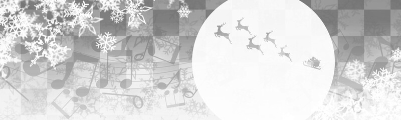 雪と音符と月とサンタクロースが描かれた、冬やクリスマス用のシルバーのバナー、ヘッダー背景イラスト