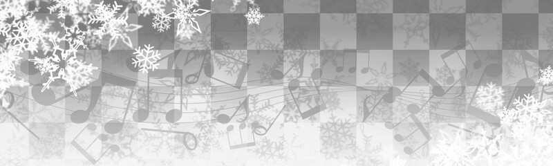 雪の結晶と音符の冬やクリスマス用のシルバーのバナー、ヘッダー背景イラスト