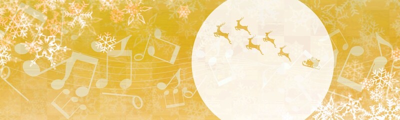 雪と音符と月とサンタクロースが描かれた、冬やクリスマス用の金色のバナー、ヘッダー背景イラスト
