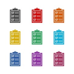 Clipboard with checklist icon isolated on white background. Set icons colorful