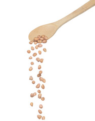 Peanut fall, brown grain peanuts explode abstract cloud fly from wooden spoon. Beautiful complete seed pea peanuts, food object design. Selective focus freeze shot white background isolated