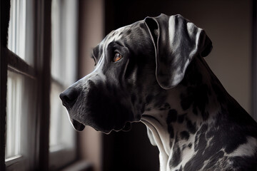 Portrait of Great Dane dog looking out of the window. Generative AI - 555334732