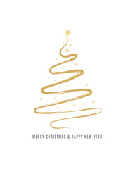 Merry Christmas tree outline greeting text card golden isolated vector illustration design background. Greeting card. Xmas tree.