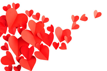 Flying red paper hearts on white background. Valentine's Day. Symbol of love. Copy space.