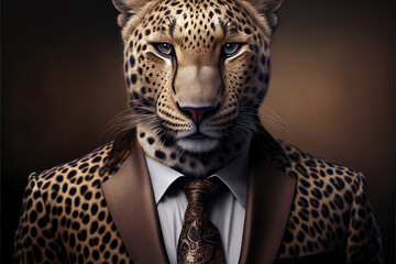 Fototapeta Portrait of leopard in a business suit, generative ai obraz