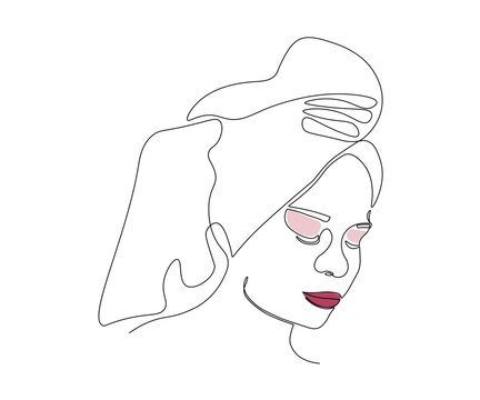 minimalist woman portrait, line art, pink makeup