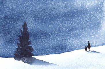 Watercolor illustration for postcards and print. Winter snowy evening. Snowstorm.