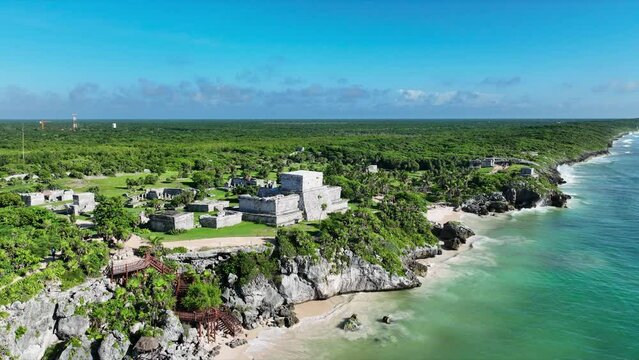 Aerial view of Mayan ruins and Tulum coast in Mexico.