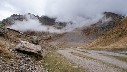 Autumn in Col du Lautaret high mountain pass. Hautes-Alpes, France