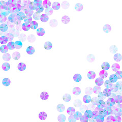 Violet tinsels confetti scatter vector illustration. Round glowing tinsel particles party glitter flatlay. New Year confetti placer twinkling pattern.