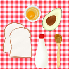 Breakfast Ingredients illustration. Sliced Bread, Avocado, Mayonnaise, Honey and Eggs on Checkered Table.