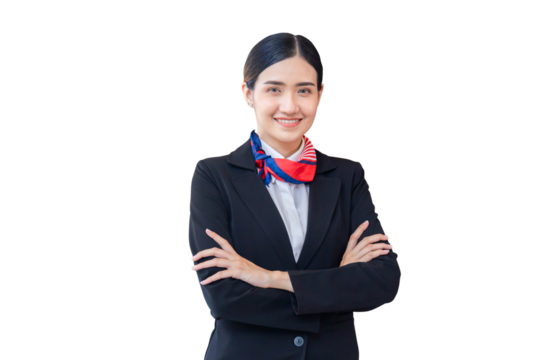Young woman receptionist standing with arms crossed and smiling to camera. Portrait of Female receptionist working in hotel