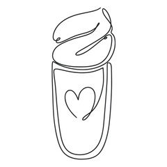 Milkshake with whipped cream line art. Ink contour milk drink in glass. Glass cup with heart. Stroke vector illustration