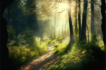 Beautiful forest in spring with bright sun shining through the trees. Generative AI