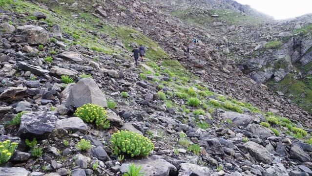 July 14th 2022, Himachal Pradesh India. Parvati Bagh TO Nain Sarovar lake during Shrikhand Mahadev Kailash Yatra in the Himalayas.