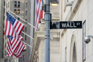 The Wall Street sign in the Financial District of Lower Manhattan in New York City.