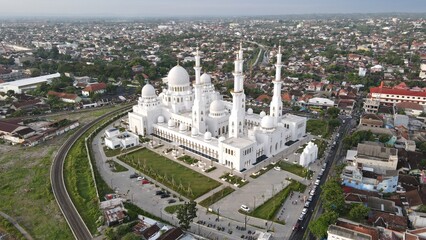 Aerial view in the evening, Sheikh Zayed Grand Mosque in Surakarta, Central Java, Indonesia. Very beautiful and majestic.
