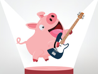 vector illustration of a rocker pig with a bass guitar