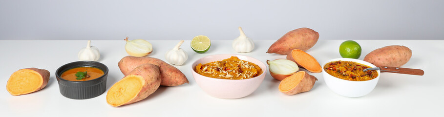 Concept of tasty food, sweet potato puree, space for text