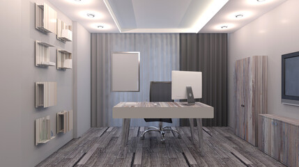 Naklejka na ściany i meble Modern office Cabinet. 3D rendering. Meeting room. Blank paintings. Mockup.