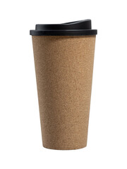 vertical photo of brown colored eco tumbler with black cap. glass for a drink to go