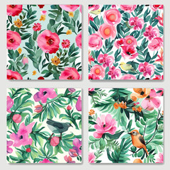 Bird, flower, leaf, branch. Hand drawn watercolor vector illustration. Vintage pattern.