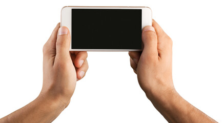 Hand holding mobile phone with blank screen