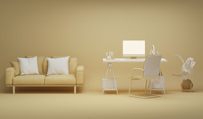 Yellow monochrome minimal office table desk. Clothes hanging on rack, plants and sofa. 3d rendering, concept for shopping store and bedroom, studio, life style. Mockup template