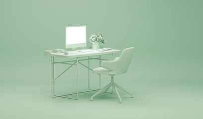 Green monochrome minimal office table desk. Clothes hanging on rack, plants and sofa. 3d rendering, concept for shopping store and bedroom, studio, life style. Mockup template