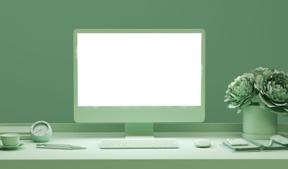 Green monochrome minimal office table desk. Concept for study desk and workspace with screen desktop. Flat lay style. Mockup template. 3d render
