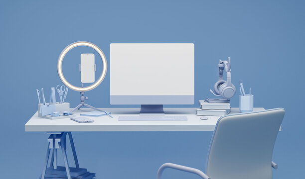 Blue monochrome minimal office table desk. Concept for study desk and workspace with headphone. Mockup template. Circular flash for mobile phone. Smartphone on tripod. Content creator. 3d render