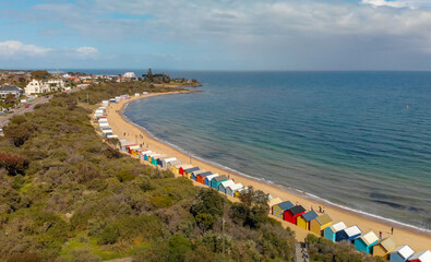 Panoramic aerial view of Brighton Beach colorful huts, Victoria, Australia