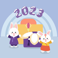 New Year's illustration 2023 Gyeme with the image of a rabbit depicting a boy and a girl in hanbok clothes on the background of a traditional Korean gift with the numbers 2023. Hares in hanbok costume