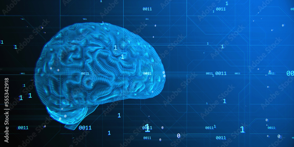 Poster Brainstorming idea, education and neural network concept with blue digital human brain layout with convolutions on dark blank technological background with empty space. 3D rendering, mock up