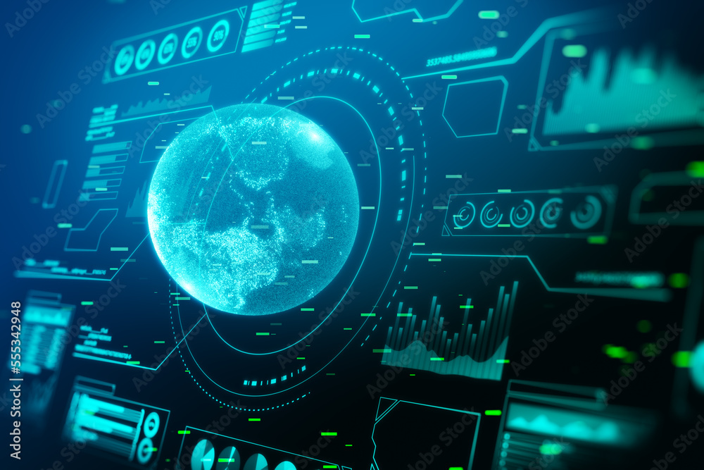 Aufkleber Global network connection and innovation concept with abstract digital interface with world map in the center of technological background with indicators, hud template. 3D rendering