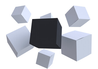 Square flying paper box mockup composition isolated on white background. 3d realistic illustration. Template for branding presentation in modern minimal style. Render corporate package.