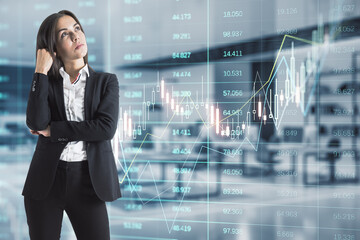 Fototapeta premium Attractive thoughtful young european businesswoman with glowing forex index chart/graph standing in blurry office interior. Trade, finance and market concept. Double exposure.